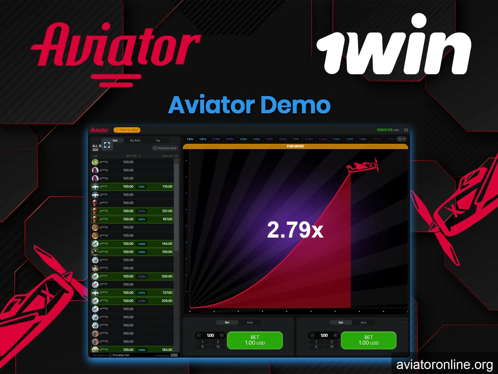 Choose the Aviator demo at 1Win to get a closer look at the game.