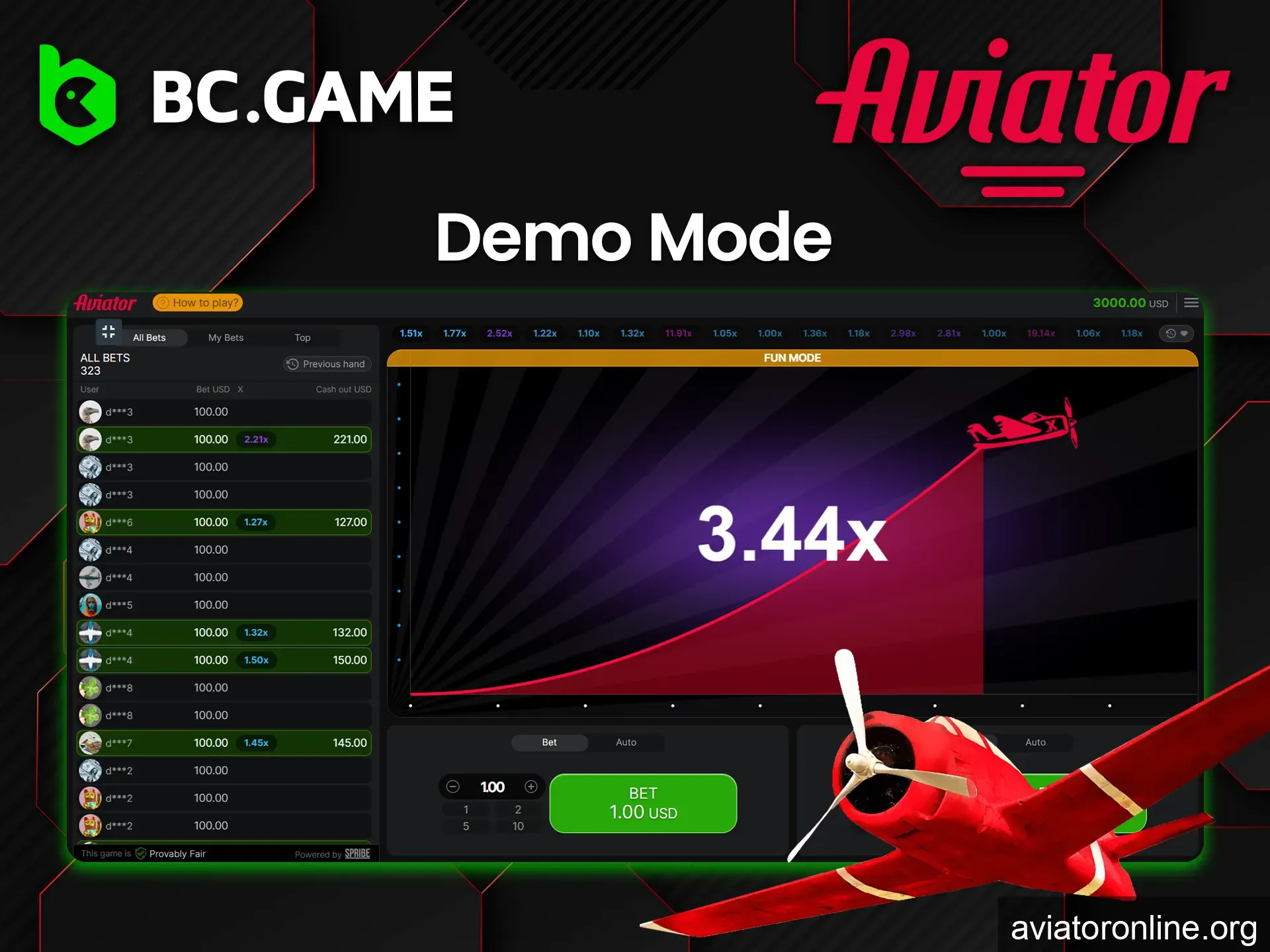 BC Game offers you to try your luck in the Aviator demo mode.