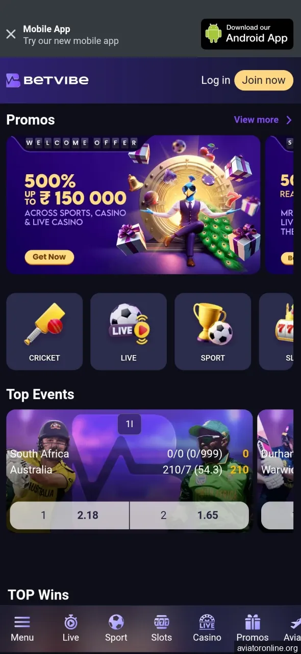 Click the download button for the BETVIBE app for Android.