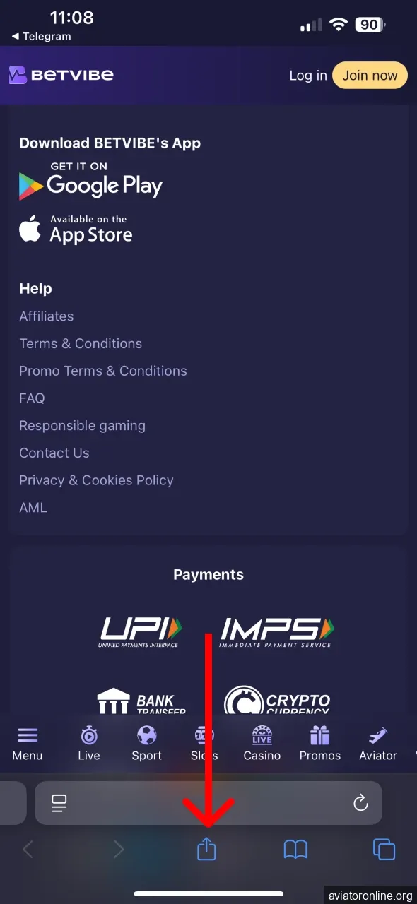 Click the share button to download the BETVIBE app for iOS.