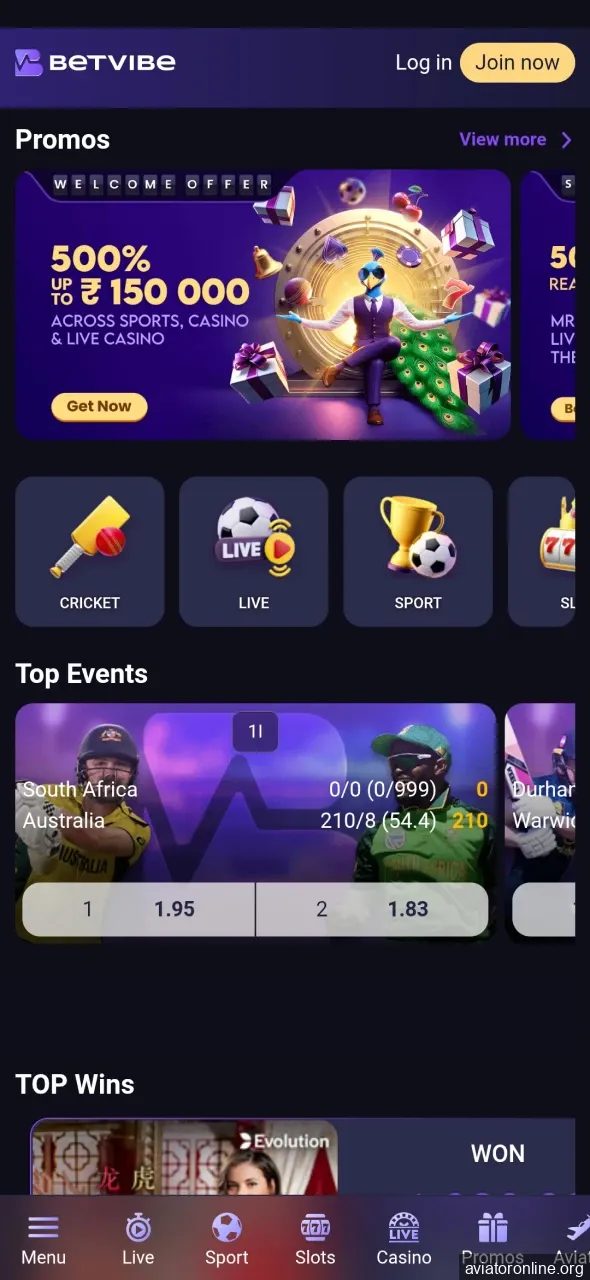 Go to the main page of the BETVIBE application.