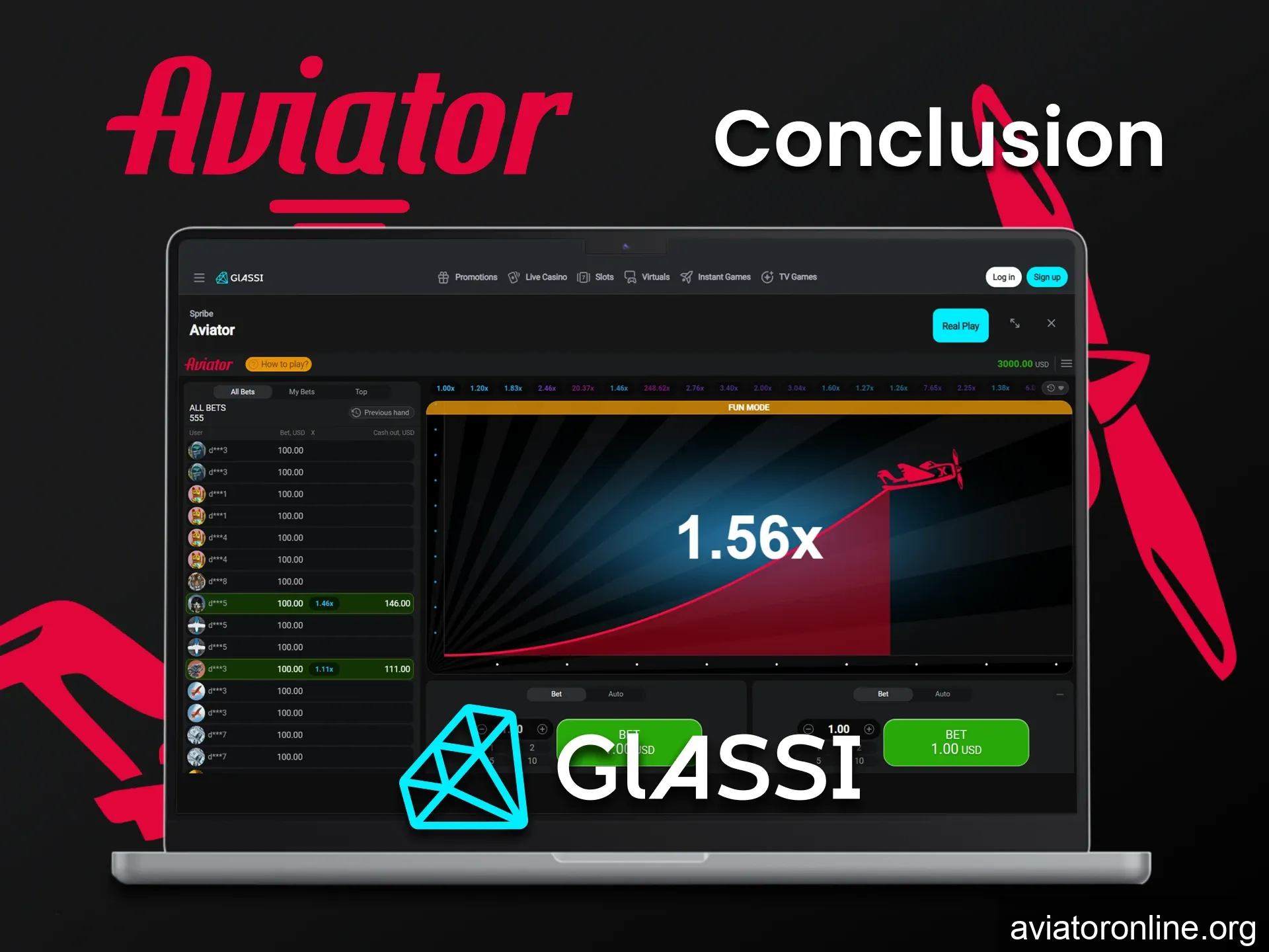 Choose Glassi Casino to play Aviator.