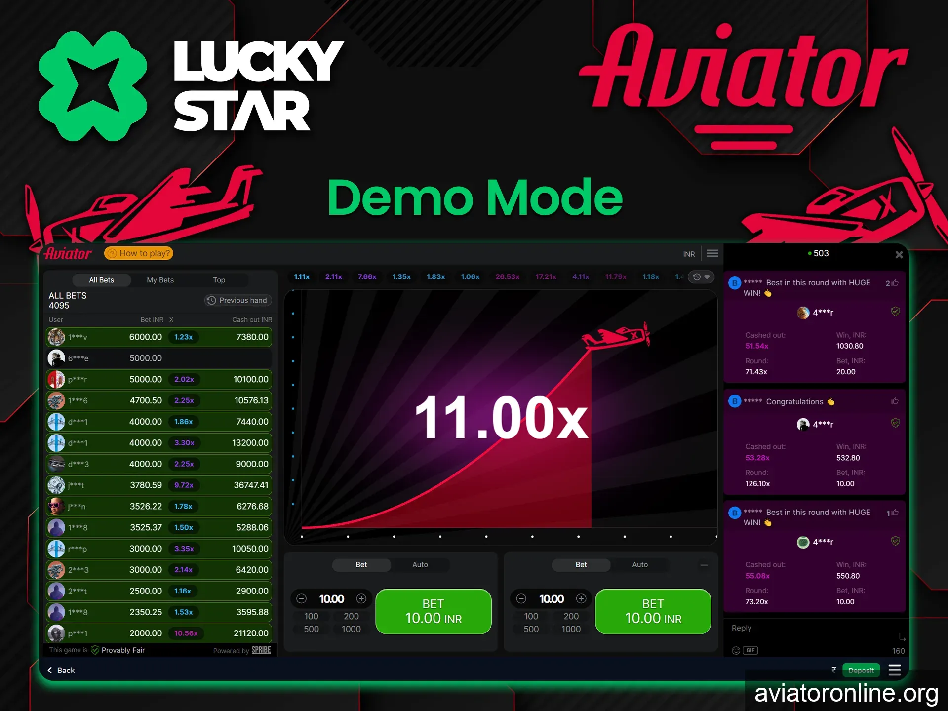 Aviator demo mode is available on the Lucky Star platform.