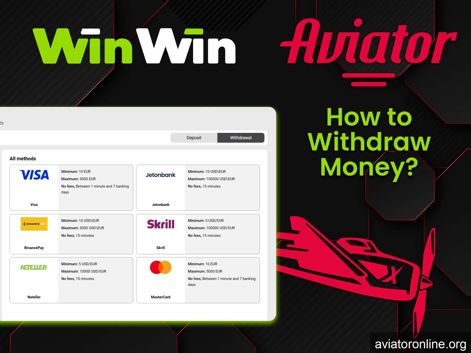 You will find many ways to withdraw funds for the game Aviator on the WinWin website.